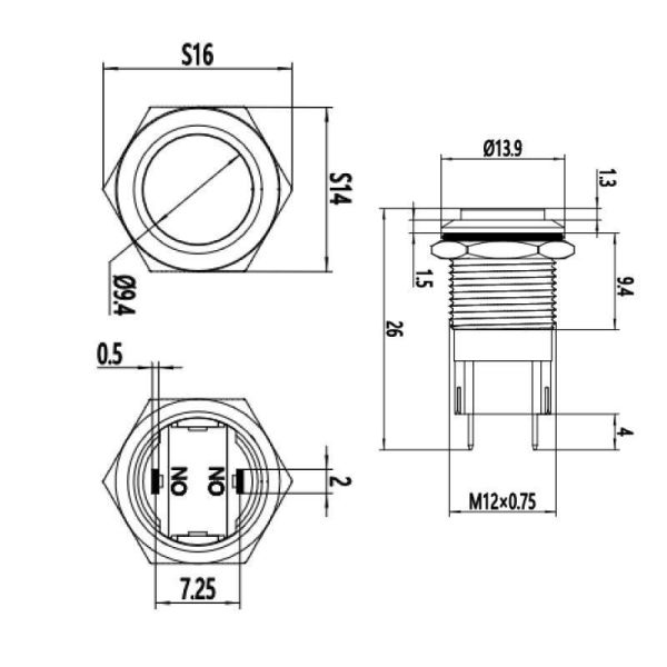 12A-G1 12mm Çıkık Yaylı Metal Buton
