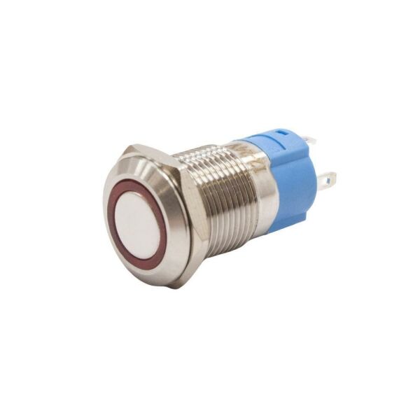 12A-P1-E 12mm Düz Yaylı Işıklı Metal Buton - Kırmızı
