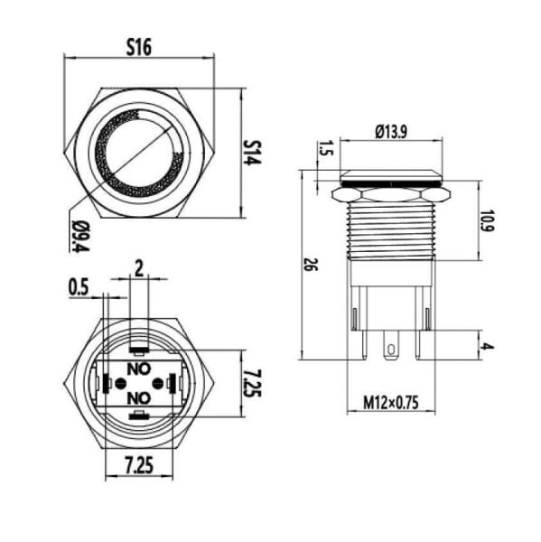 12A-P1-E 12mm Düz Yaylı Işıklı Metal Buton - Kırmızı