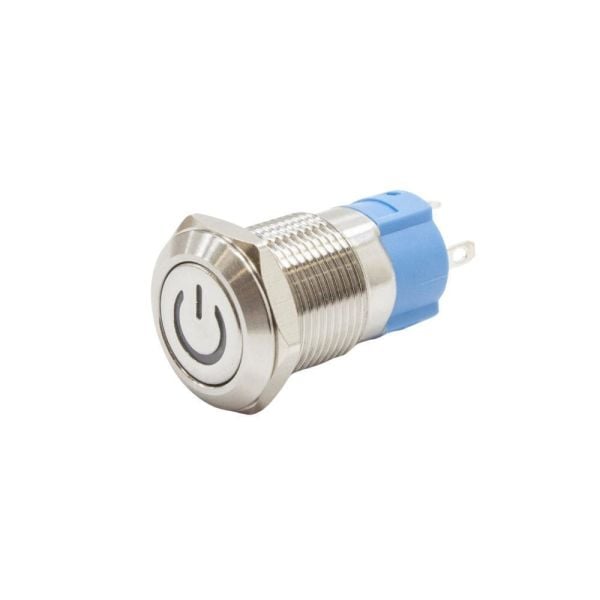 12A-P1-C 12mm Düz Yaylı Işıklı Power Metal Buton - Mavi