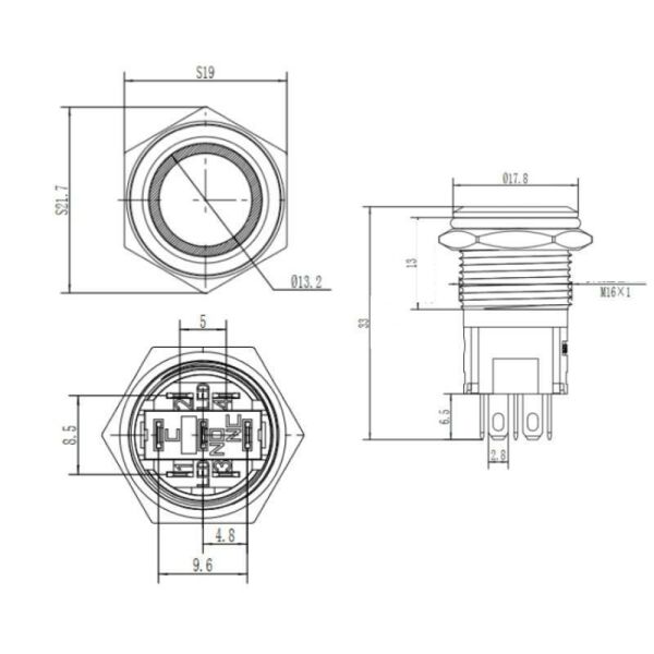 16A-G1-E 16mm Çıkık Yaylı Işıklı Metal Buton - Beyaz