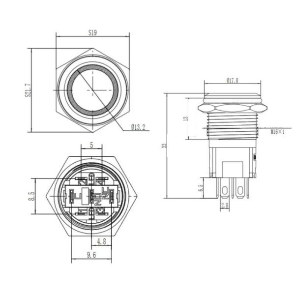 16A-G1-C 16mm Çıkık Yaylı Işıklı Power Metal Buton - Mavi
