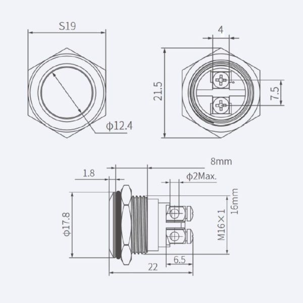 16H-P1 16mm Düz Yaylı Metal Buton