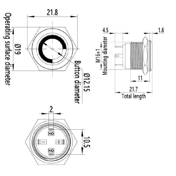 16H-G1-E 16mm Çıkık Yaylı Işıklı Metal Buton - Sarı