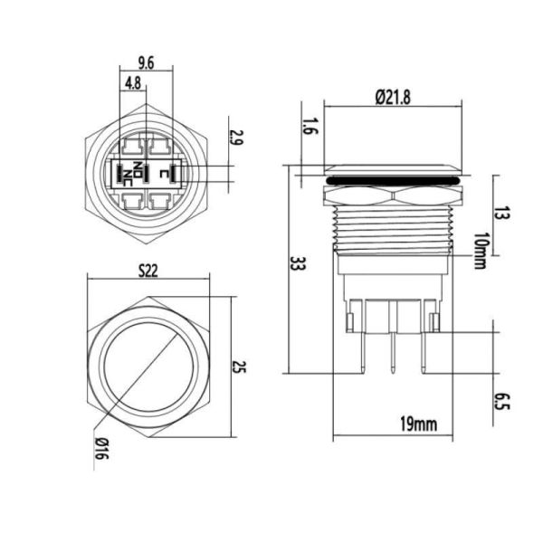 19A-G1Z 19mm Çıkık Anahtarlı Metal Buton