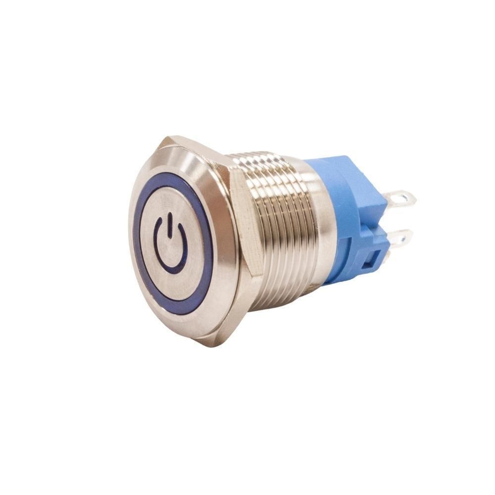 19A-P1-EC 19mm Düz Yaylı Işıklı Power Metal Buton - Mavi