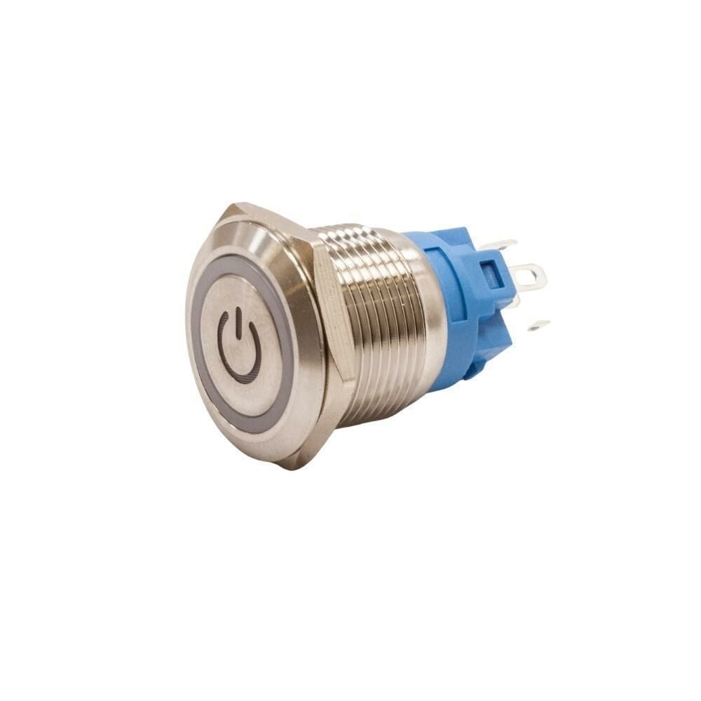 19A-P1-EC 19mm Düz Yaylı Işıklı Power Metal Buton - Beyaz