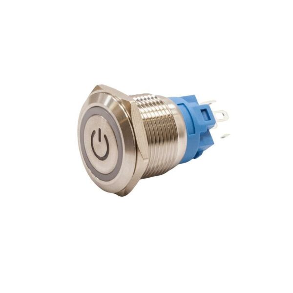 19A-P1-EC 19mm Düz Yaylı Işıklı Power Metal Buton - Beyaz