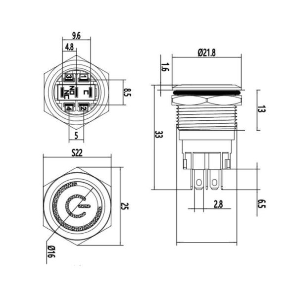 19A-G1-C 19mm Çıkık Yaylı Işıklı Power Metal Buton - Mavi