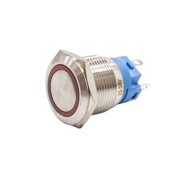 19A-P1Z-E 19mm Düz Anahtarlı Işıklı Metal Buton - Kırmızı