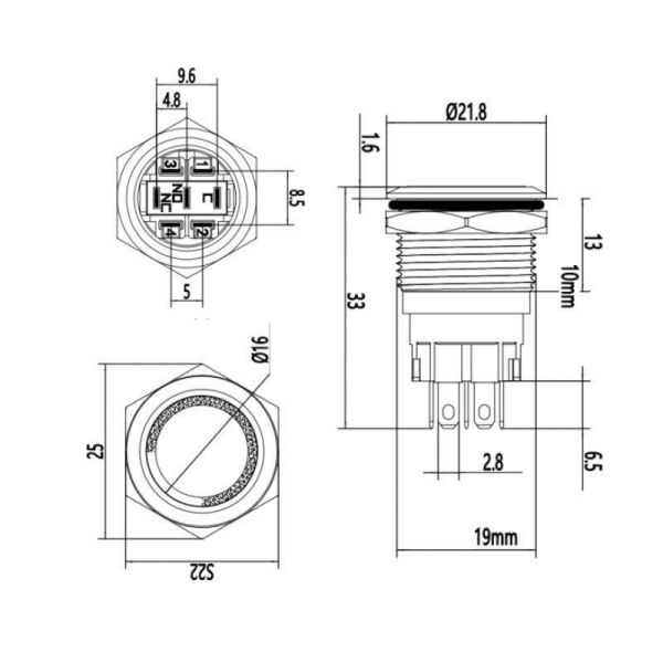 19A-G1Z-E 19mm Çıkık Anahtarlı Işıklı Metal Buton - Mavi