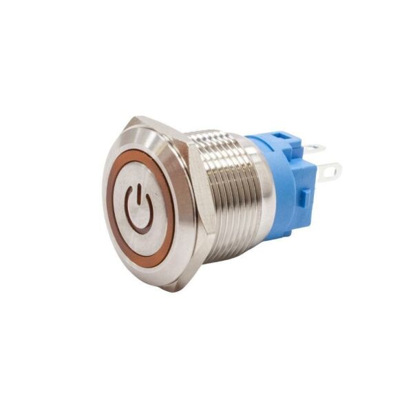 19A-P1Z-EC 19mm Düz Anahtarlı Işıklı Power Metal Buton - Sarı