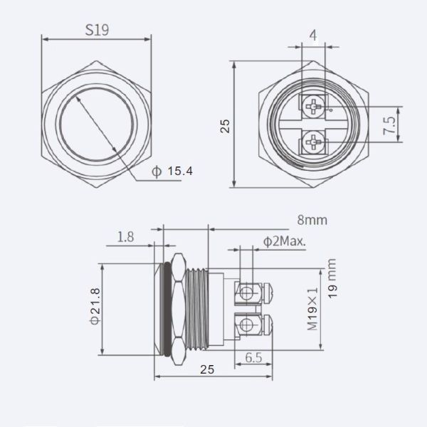 19H-G1 19mm Çıkık Yaylı Metal Buton