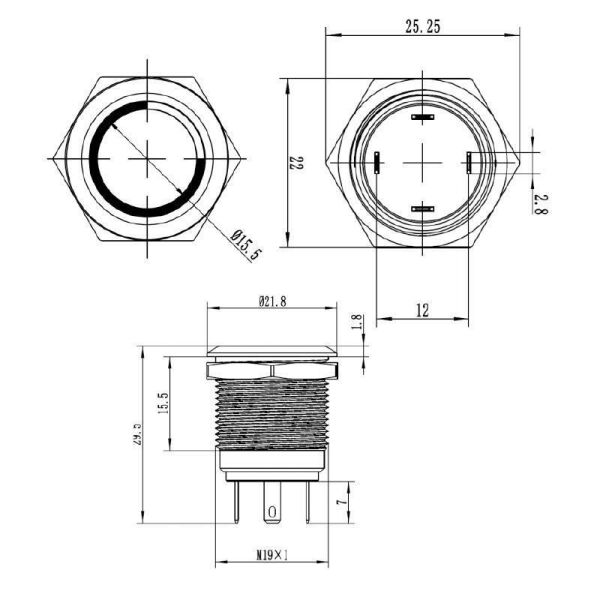 19H-G1-E 19mm Çıkık Yaylı Işıklı Metal Buton - Mavi
