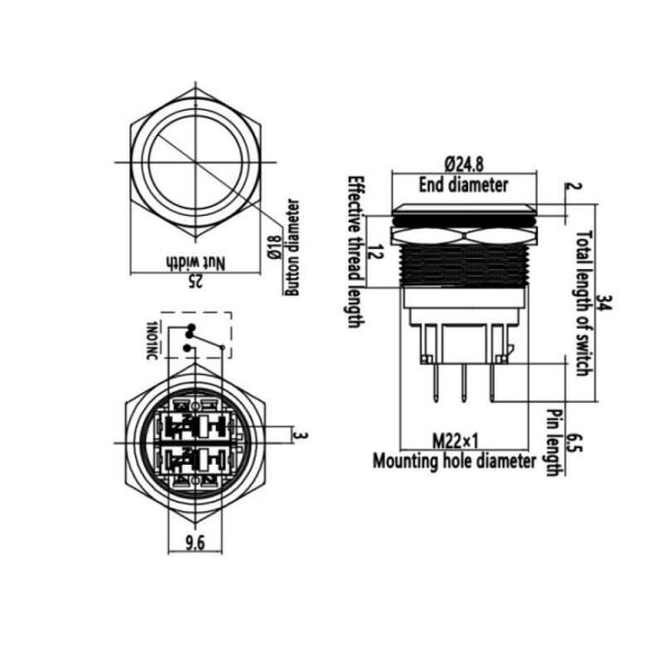 22B-G1 22mm Çıkık Yaylı Metal Buton