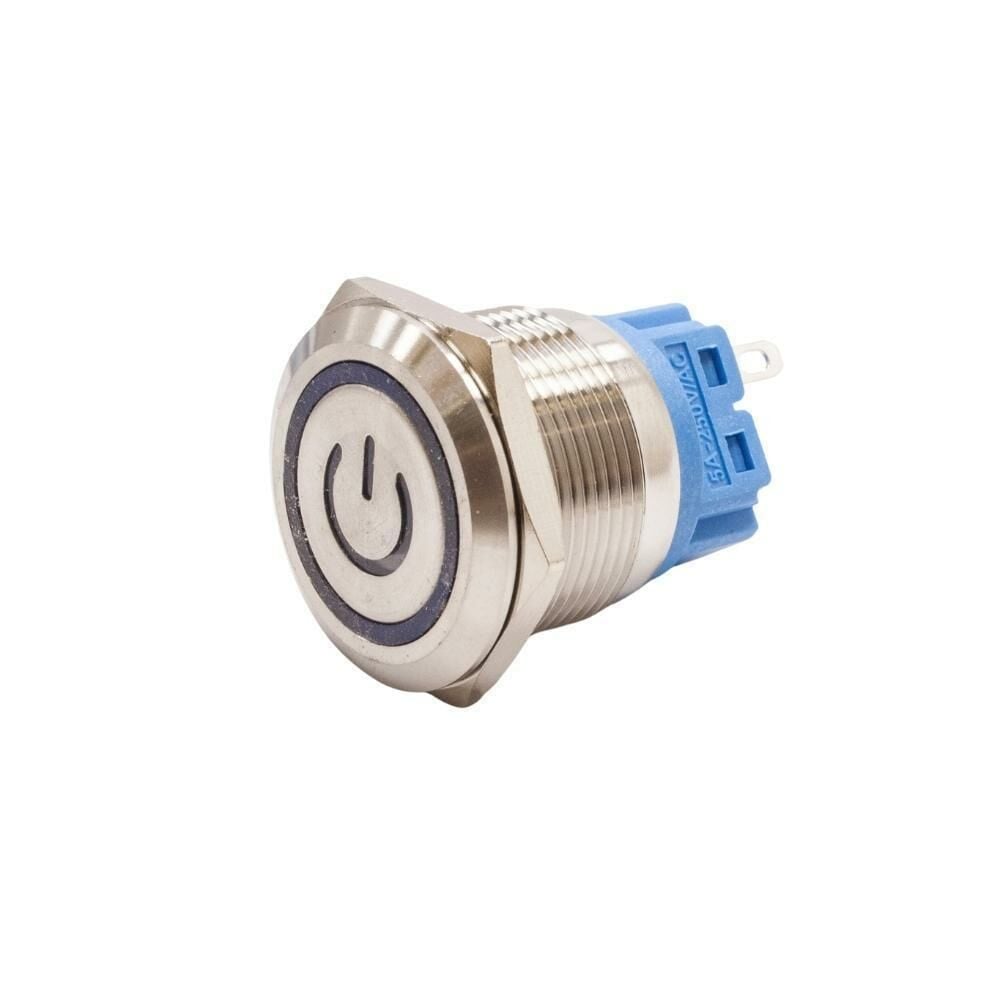 22B-P1-EC 22mm Düz Yaylı Işıklı Power Metal Buton - Mavi