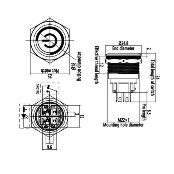 22B-P1-EC 22mm Düz Yaylı Işıklı Power Metal Buton - Mavi
