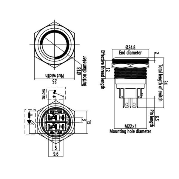 22B-P1Z-E 22mm Düz Anahtarlı Işıklı Metal Buton - Beyaz