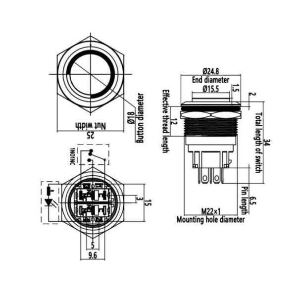 22B-G1Z-E 22mm Çıkık Anahtarlı Işıklı Metal Buton - Kırmızı
