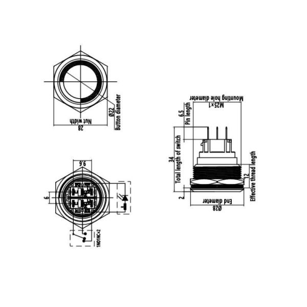 25B-G1Z-E 25mm Çıkık Anahtarlı Işıklı Metal Buton - Beyaz