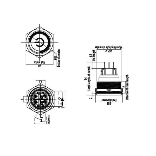 25B-P1Z-EC 25mm Düz Anahtarlı Işıklı Power Metal Buton - Yeşil