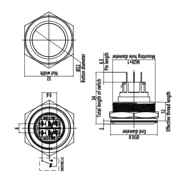 28B-G1 28mm Çıkık Yaylı Metal Buton