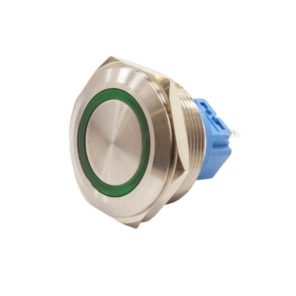 28B-P1-E 28mm Düz Yaylı Işıklı Metal Buton - Yeşil