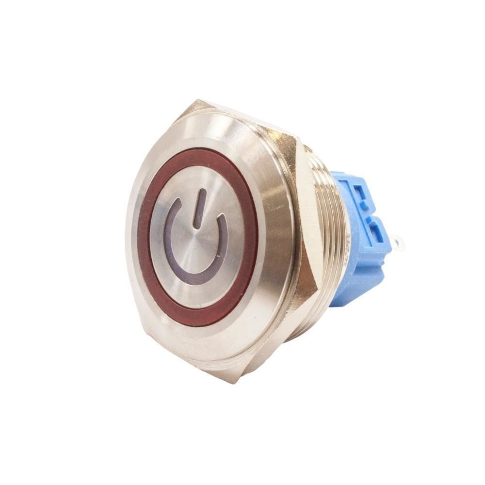 28B-P1-EC 28mm Düz Yaylı Işıklı Power Metal Buton - Kırmızı