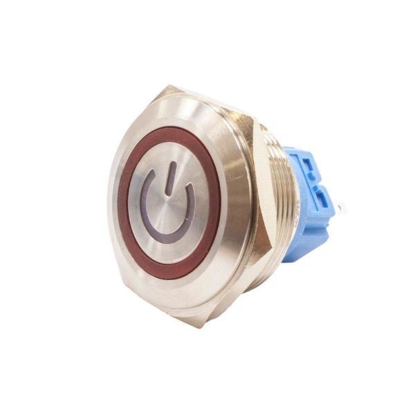 28B-P1-EC 28mm Düz Yaylı Işıklı Power Metal Buton - Kırmızı