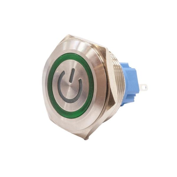 28B-P1-EC 28mm Düz Yaylı Işıklı Power Metal Buton - Yeşil