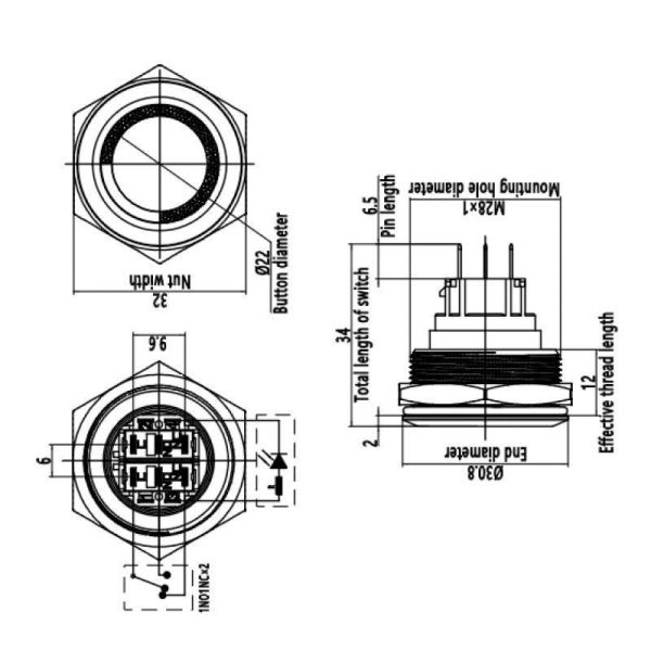 28B-P1Z-E 28mm Düz Anahtarlı Işıklı Metal Buton - Mavi