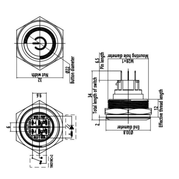 28B-P1Z-EC 28mm Düz Anahtarlı Işıklı Power Metal Buton - Mavi