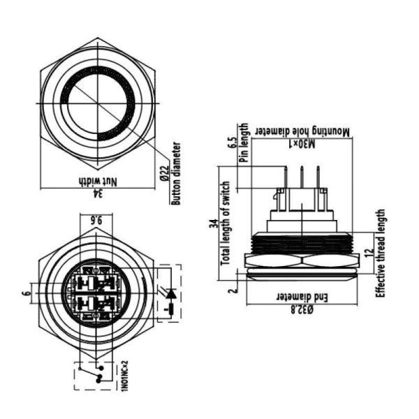 30B-G1-E 30mm Çıkık Yaylı Işıklı Metal Buton - Yeşil
