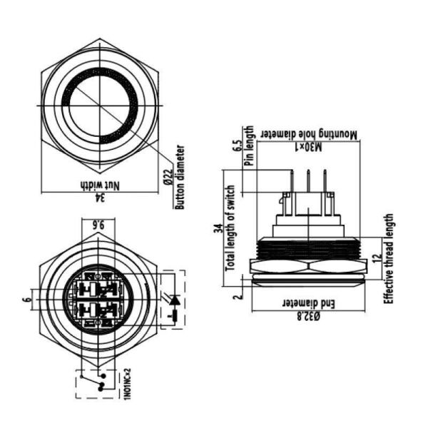 30B-G1Z-E 30mm Çıkık Anahtarlı Işıklı Metal Buton - Mavi