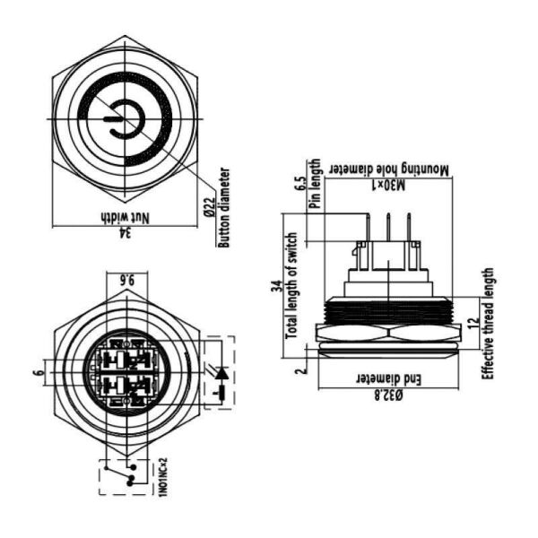 30B-P1Z-EC 30mm Düz Anahtarlı Işıklı Power Metal Buton - Mavi