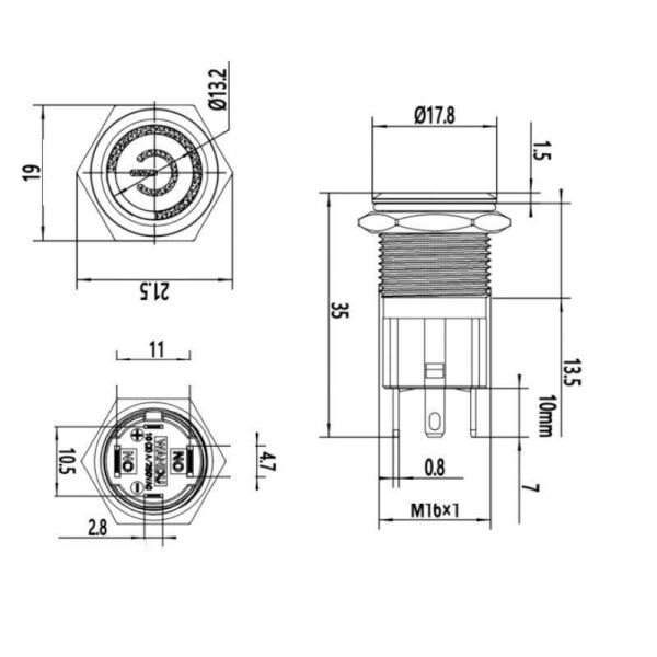 16D-P1Z-EC 16mm Düz Anahtarlı Işıklı Power Metal Buton - Kırmızı