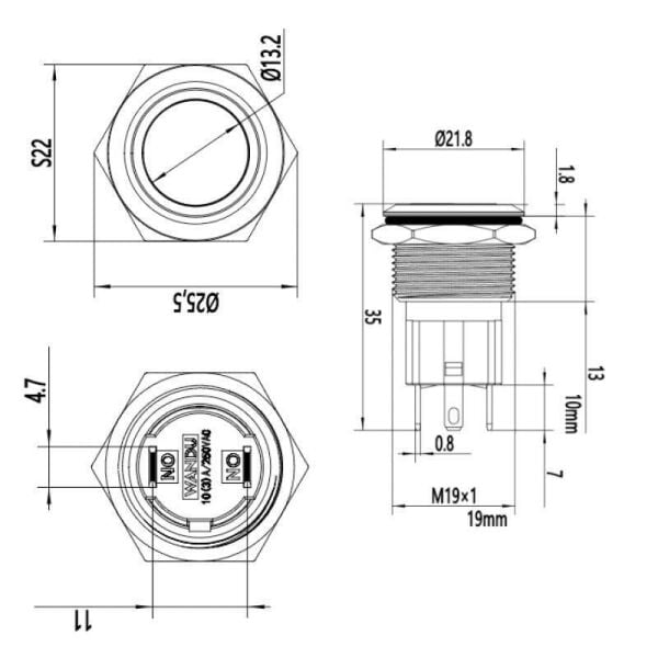 19D-P1Z 19mm Düz Anahtarlı Metal Buton