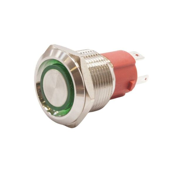 19D-P1-E 19mm Düz Yaylı Işıklı Metal Buton - Yeşil