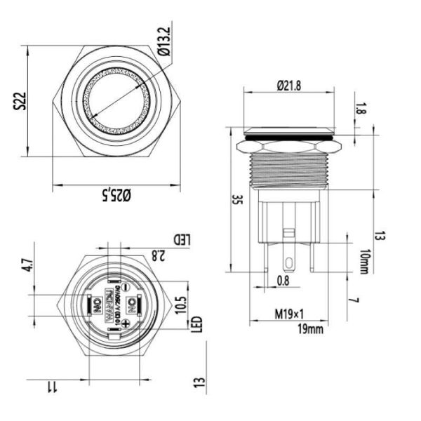 19D-P1Z-E 19mm Düz Anahtarlı Işıklı Metal Buton - Sarı