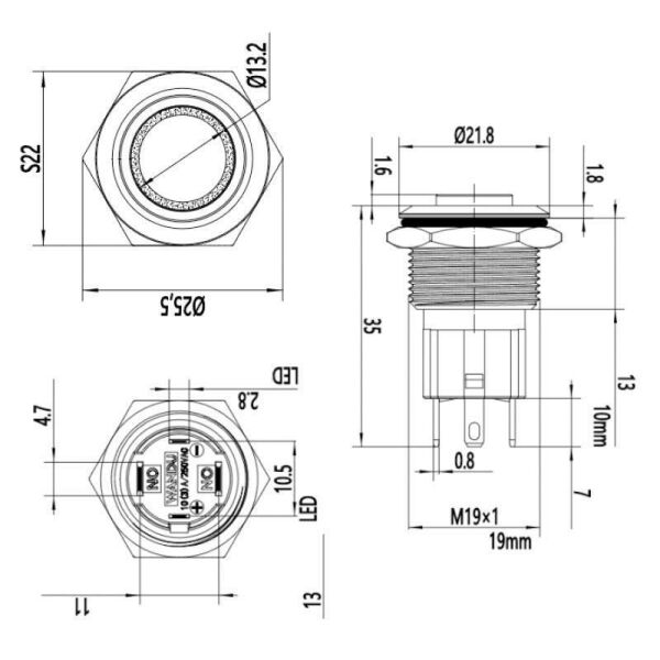 19D-G1Z-E 19mm Çıkık Anahtarlı Işıklı Metal Buton - Yeşil