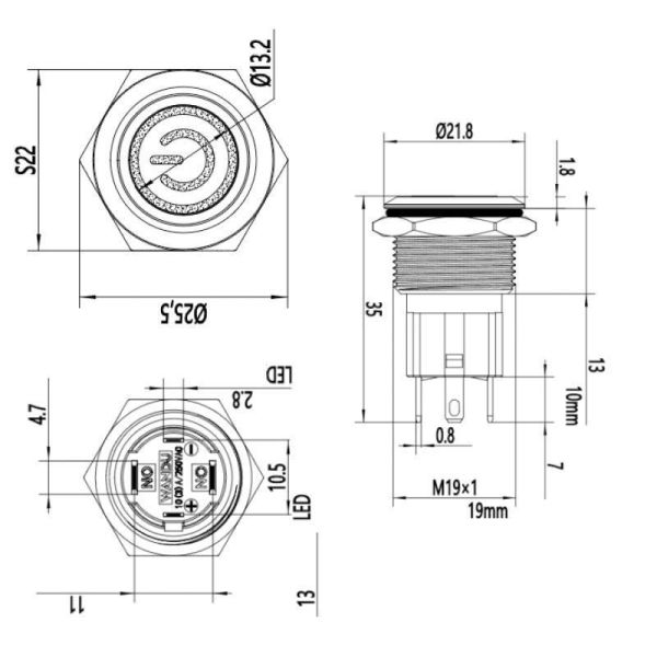 19D-P1Z-EC 19mm Düz Anahtarlı Işıklı Power Metal Buton - Beyaz