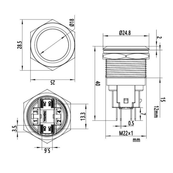 22E-P1 22mm Düz Yaylı Metal Buton