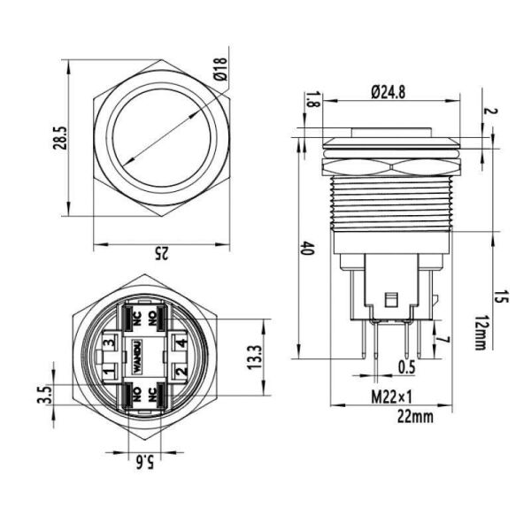 22E-G1 22mm Çıkık Yaylı Metal Buton