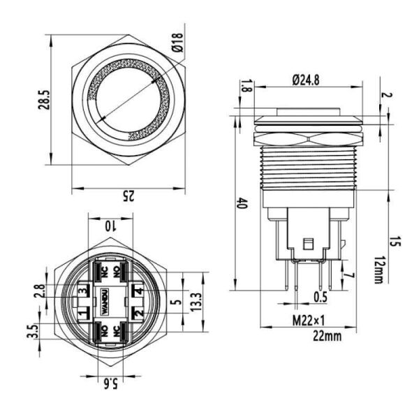 22E-G1-E 22mm Çıkık Yaylı Işıklı Metal Buton - Yeşil