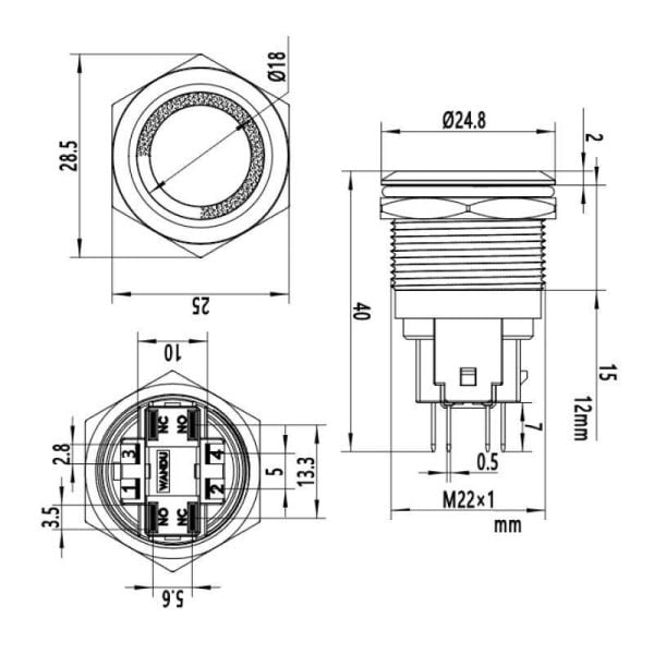 22E-P1Z-E 22mm Düz Anahtarlı Işıklı Metal Buton - Mavi
