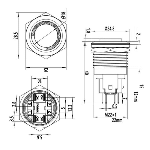 22E-G1Z-E 22mm Çıkık Anahtarlı Işıklı Metal Buton - Sarı