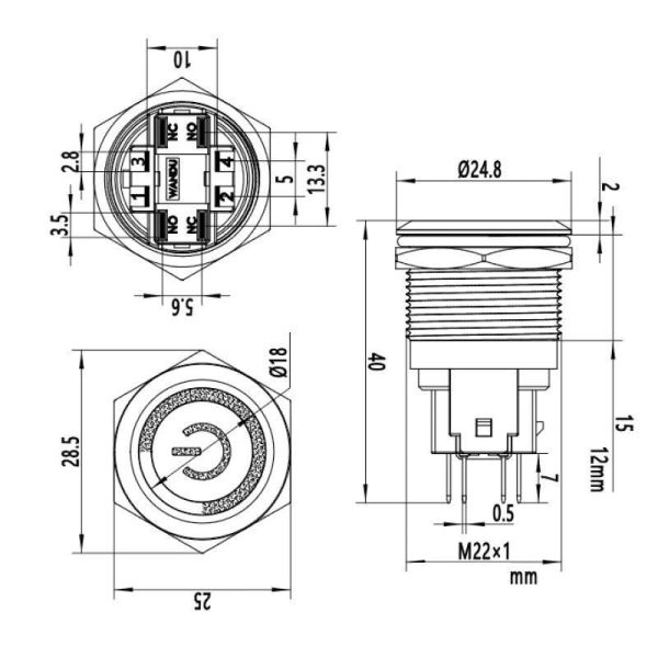22E-P1Z-EC 22mm Düz Anahtarlı Işıklı Power Metal Buton - Mavi